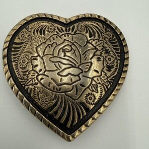 Vtg Western Heart Belt Buckle Brass? Engraved Floral Rose Black Enamel Cowgirl